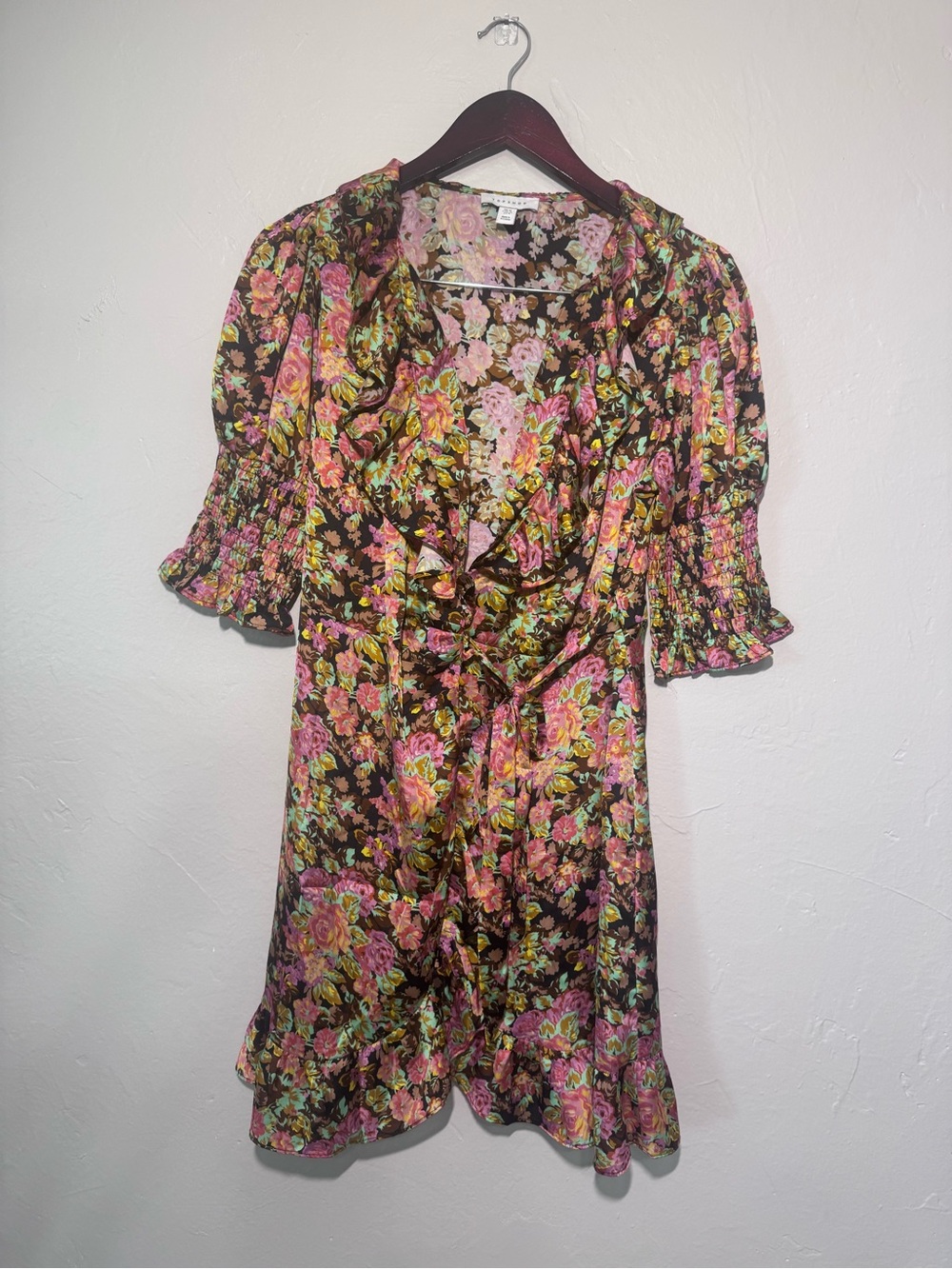 Romantic Topshop Brown Pink Floral Ruffle Mini Dress US 6